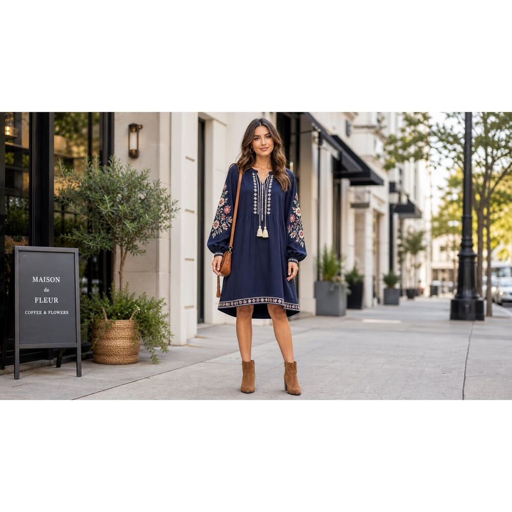 J Jill‎ Boho Embroidered Floral Tassel Dress Large Navy Cotton Rayon Cottagecore